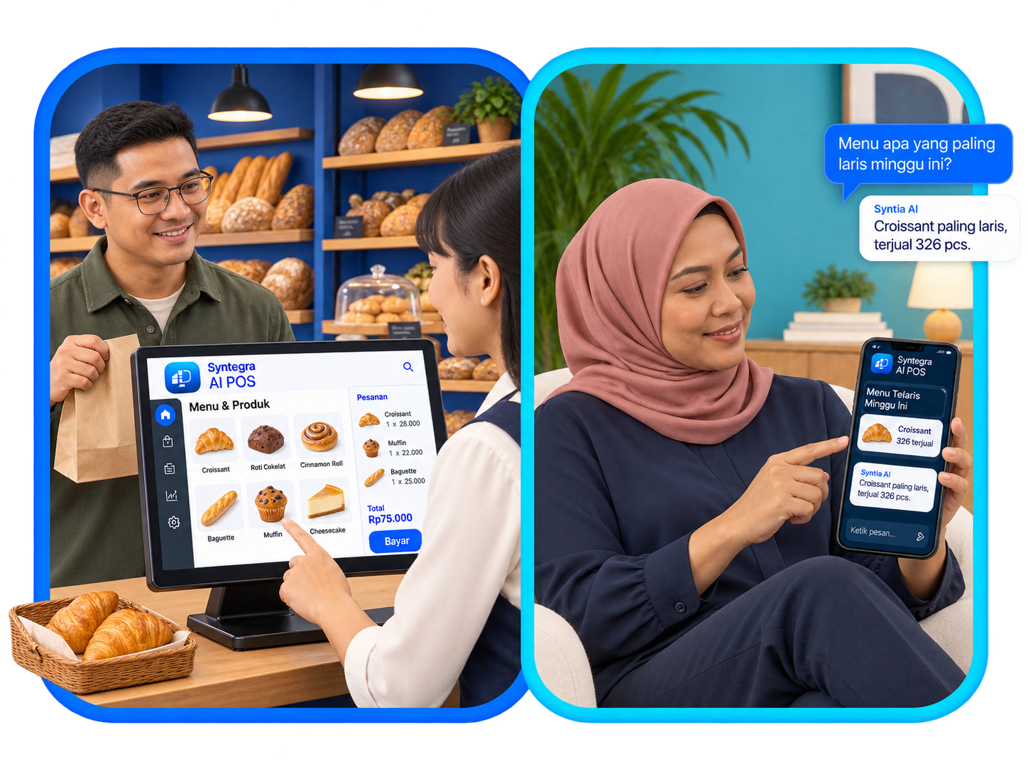 Kasir menggunakan Syntegra AI POS dan owner bertanya penjualan ke Syntia AI lewat ponsel